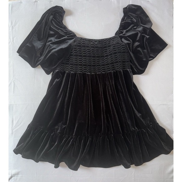 C&V Chelsea & Violet Smocked Ruffle Hem Mini Dress Women's Sz L Black Velvet NWT - Picture 2 of 7